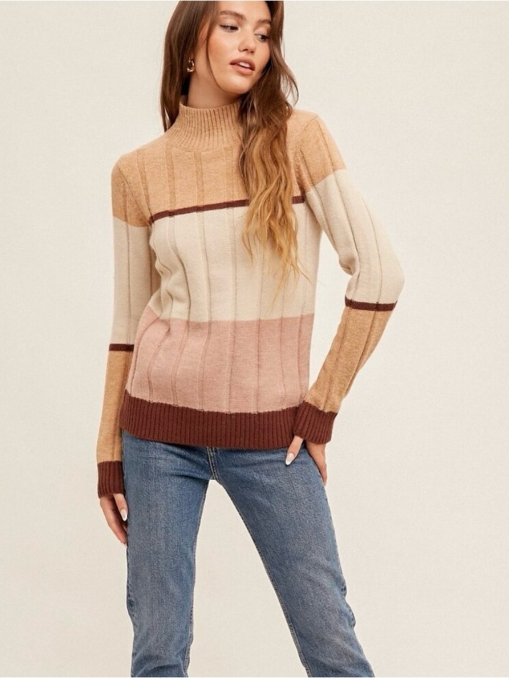 NWT Hem & Thread Multi-Neutral Colorblock Mock Neck Sweater - Size Medium